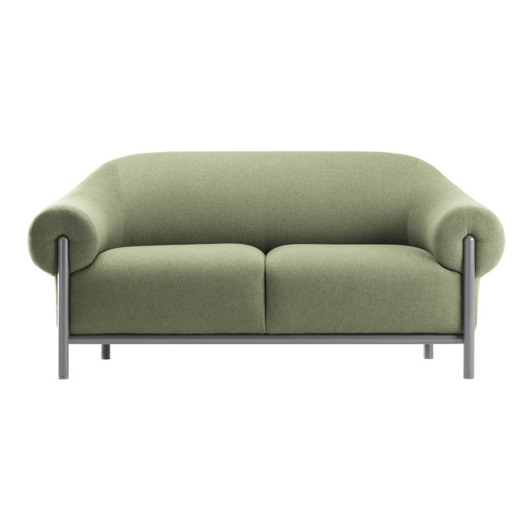 Olive green sofa with a smooth, rounded shape and minimalist silver legs, perfect for modern decor.