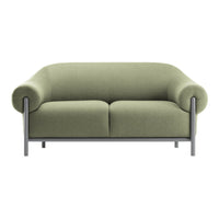 Olive green sofa with a smooth, rounded shape and minimalist silver legs, perfect for modern decor.