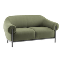 Green upholstered sofa with smooth, curved lines and a minimalist black metal frame.