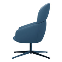 Blue upholstered swivel chair with sleek lines and a modern design. Perfect for contemporary interiors.