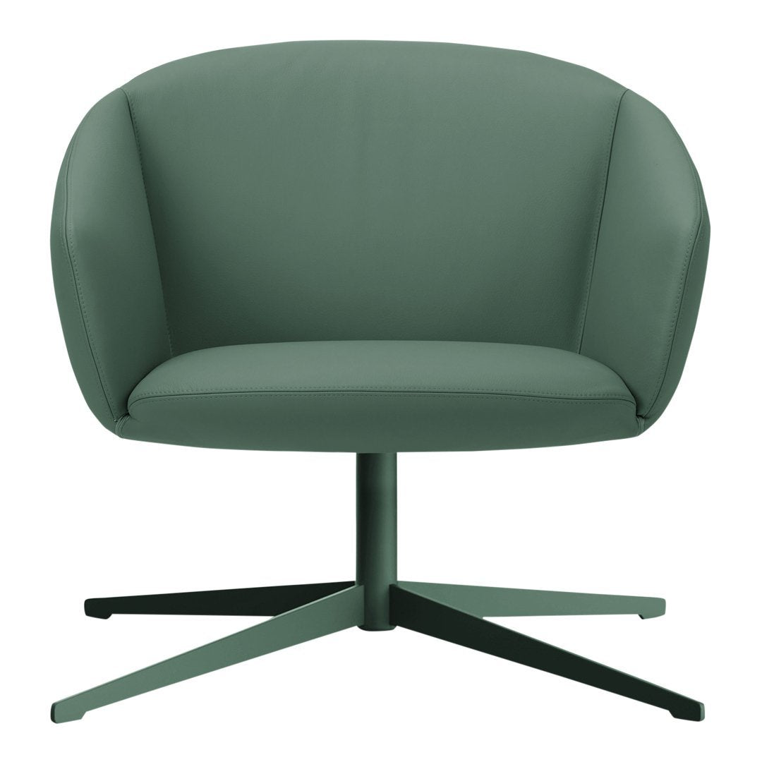 Stylish green swivel chair with a smooth matte finish and minimalist design, perfect for modern decor.