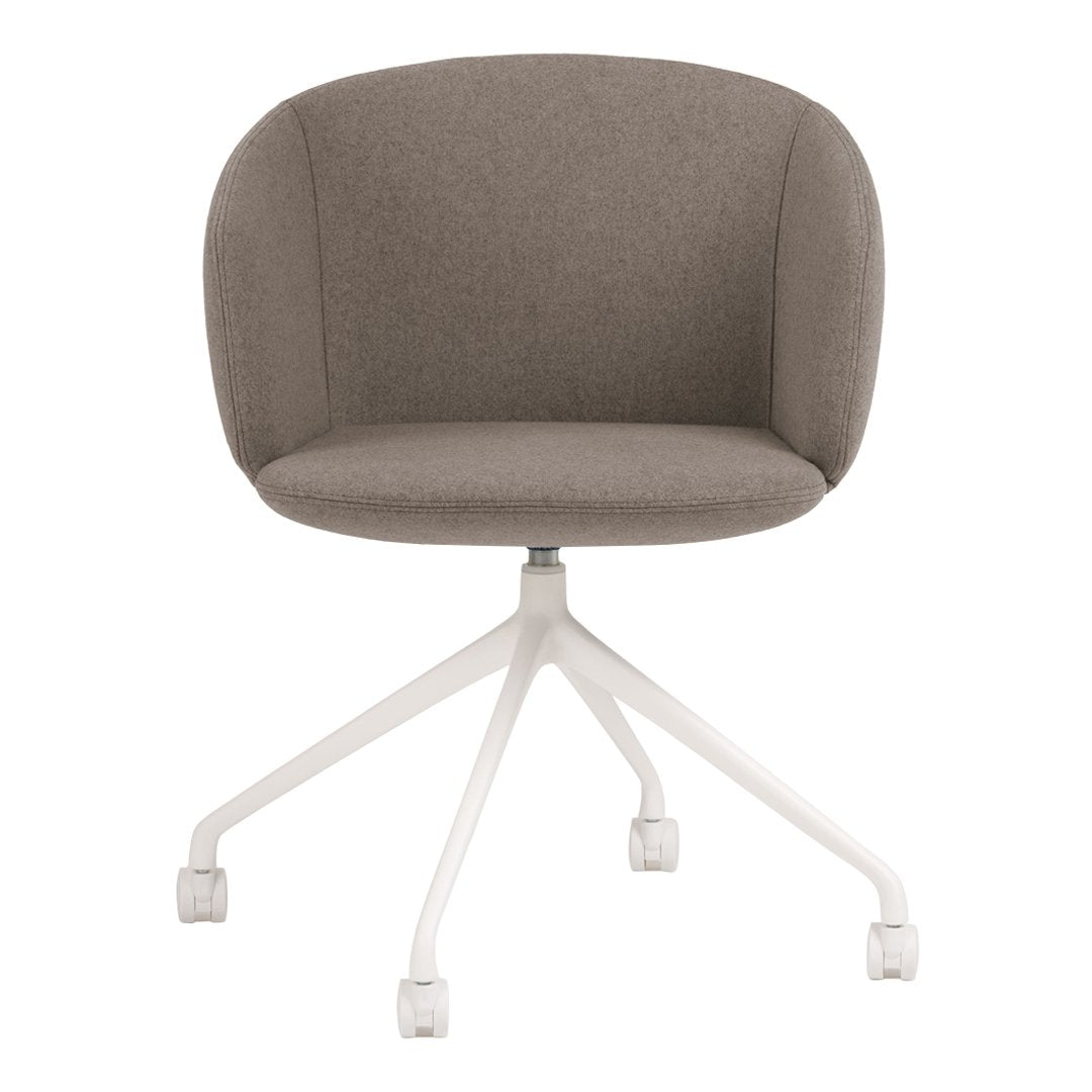 Gray upholstered chair with a smooth texture and a minimalist white base for a contemporary look.
