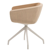 Beige upholstered chair with a textured finish and sleek white metal base. Modern design for stylish interiors.