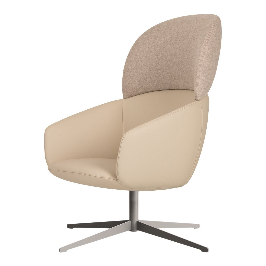 Beige upholstered chair with a textured light brown backrest and sleek metallic base. Modern design perfect for any space.