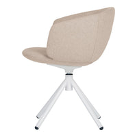 Beige fabric chair with a smooth, curved design and a sleek white base, perfect for modern interiors.