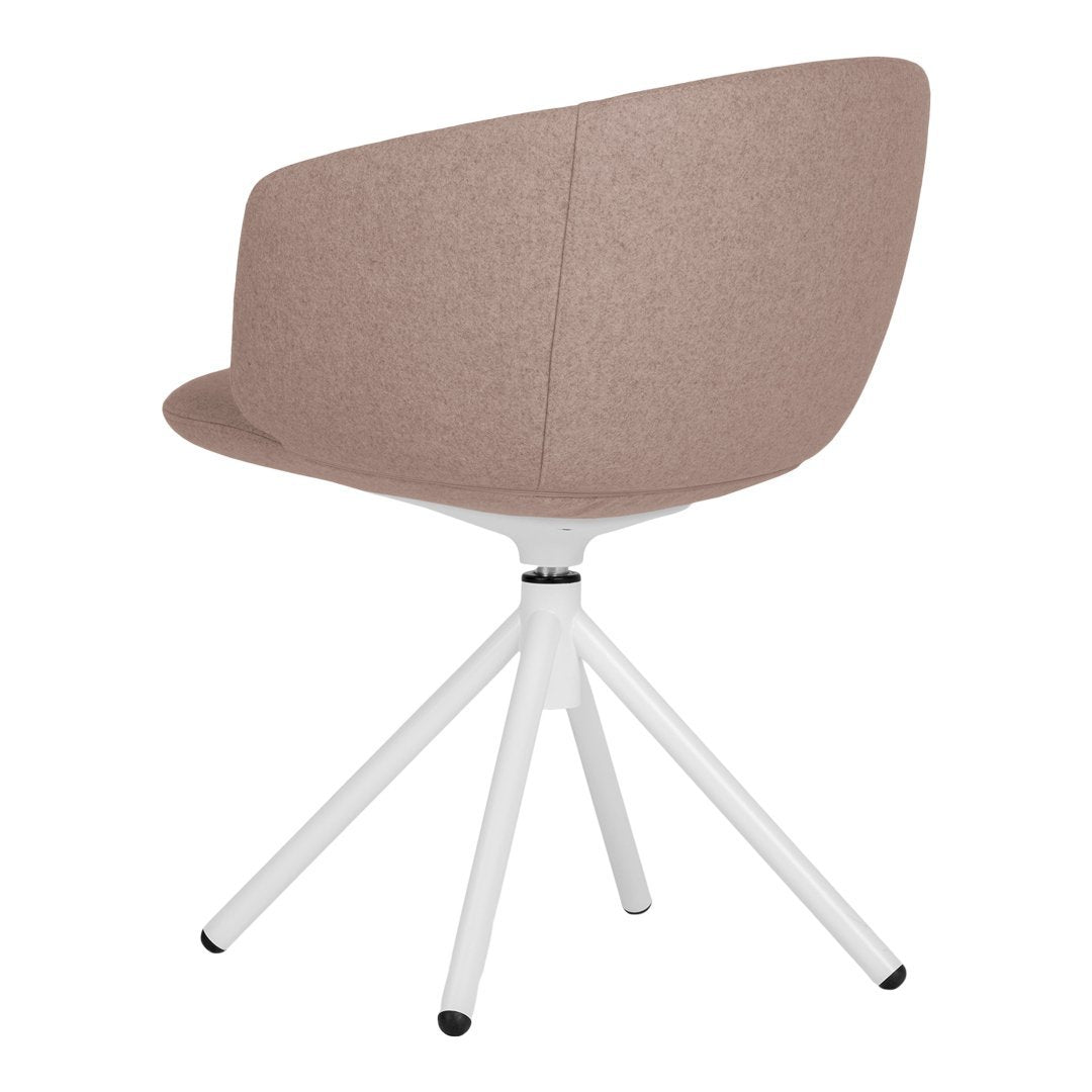 Pink upholstered chair with a sleek white metal base, perfect for modern decor. Stylish and minimalist design.