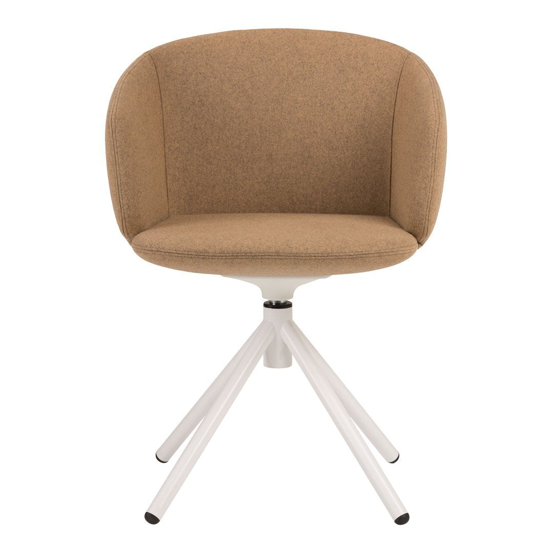 Tan upholstered chair with a rounded back and white tripod legs, simple and modern design.