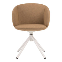 Tan upholstered chair with a rounded back and white tripod legs, simple and modern design.