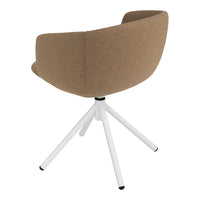 Brown upholstered chair with a smooth, rounded back, resting on a sleek white tripod base.