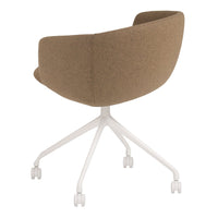 Brown upholstered chair with a smooth, curved back and a sleek white five-spoke base, ideal for modern decor.
