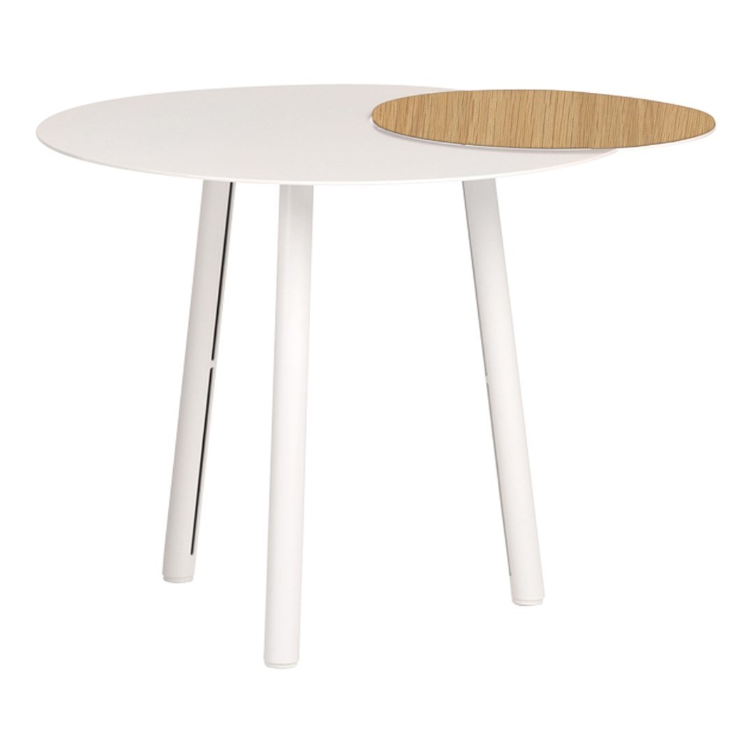 Round table featuring a sleek white finish with a wood-colored accent top. Modern design with clean lines.
