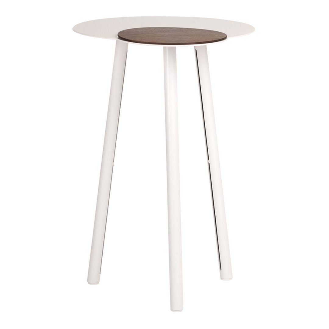 Modern side table with a white top and dark wood accent, featuring sleek white legs. Simple and stylish design.