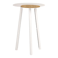 Modern round table with a white finish and natural wood accent on top, featuring sleek, minimalist design.