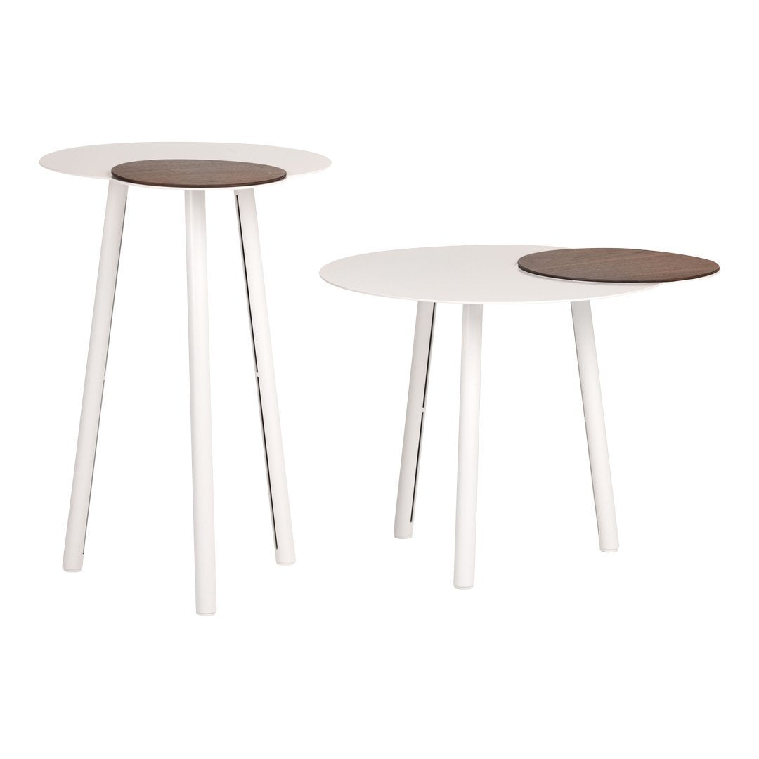 White round side tables with contrasting dark brown circular accents. Sleek, modern design with minimalist style.