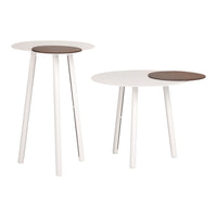 White round side tables with contrasting dark brown circular accents. Sleek, modern design with minimalist style.