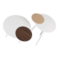 White and wood accent side tables featuring smooth, circular tops with contrasting natural wood patterns.