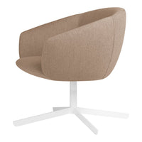 Beige upholstered chair with a smooth fabric finish, featuring a minimalist white base and a modern, curved design.