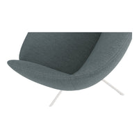 Gray upholstered chair with a smooth, curved design and sleek white metal legs, perfect for modern interiors.