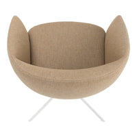 Beige upholstered chair with smooth, rounded shape and white metal legs. Stylish, minimalist design perfect for modern decor.