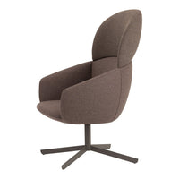 Brown upholstered armchair with a sleek design and smooth texture, featuring a modern four-legged base.