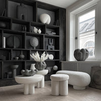 Minimalist black and white decor with soft textures and organic shapes in a modern living space.