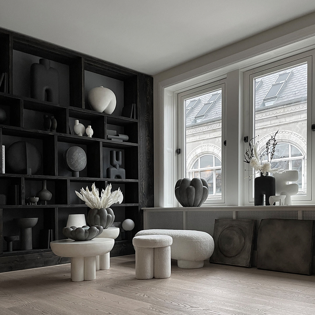 Stylish monochrome decor featuring black and white elements with smooth textures and geometric patterns.