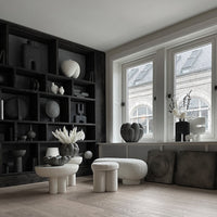 Stylish monochrome decor featuring black and white elements with smooth textures and geometric patterns.
