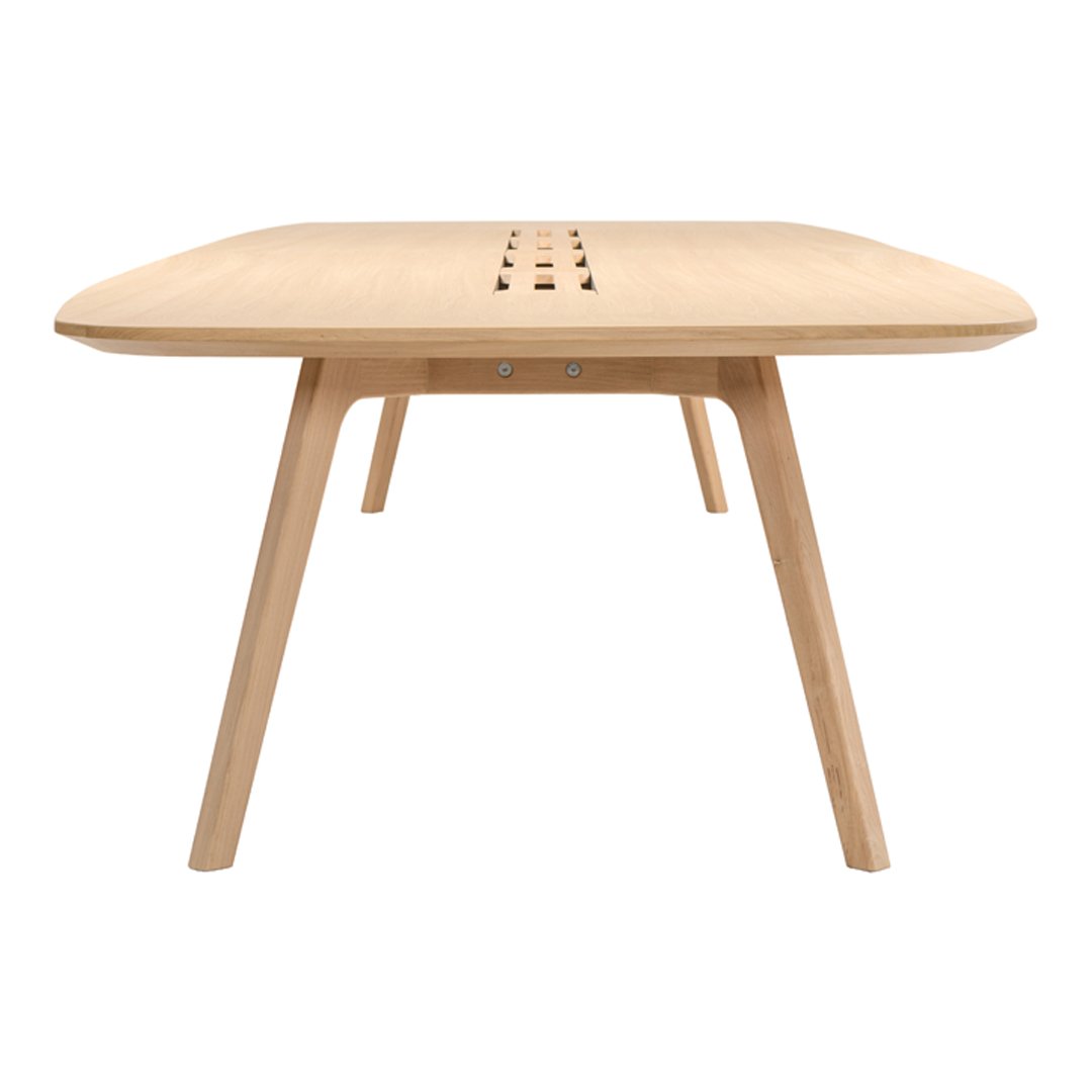 Light wood square table with smooth surface and subtle cutout pattern, featuring natural wood tones and sleek leg design.