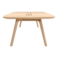Light wood square table with smooth surface and subtle cutout pattern, featuring natural wood tones and sleek leg design.