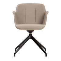 Light beige upholstered chair with subtle vertical stitching and a sleek black metal base. Modern and stylish design.