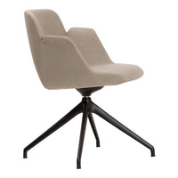Beige upholstered chair with smooth contours and a sleek black metal base. Modern design with a subtle, neutral color palette.