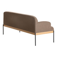 Brown upholstered sofa with a curved back and sleek black metal legs, featuring a minimalist design.