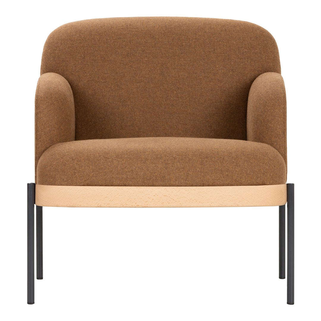 Brown upholstered armchair with smooth curves and a light wood base, featuring black metal legs for a modern touch.