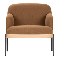 Brown upholstered armchair with smooth curves and a light wood base, featuring black metal legs for a modern touch.