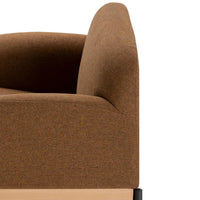 Brown upholstered armchair with a smooth texture and curved back. Modern design with minimalist styling.