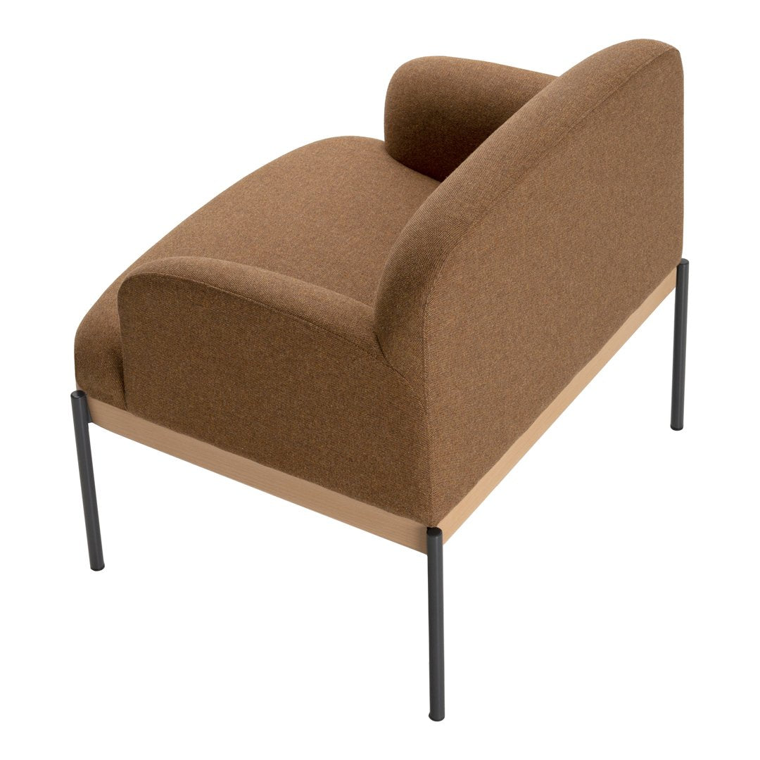 Brown upholstered chair with smooth, rounded back and minimalist black metal legs. Ideal for modern decor.