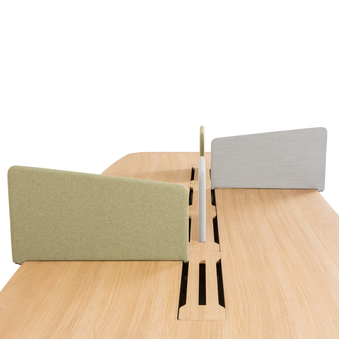 "Wooden desk with pale green and light gray acoustic panels, minimalistic design, clean lines, and natural finish."