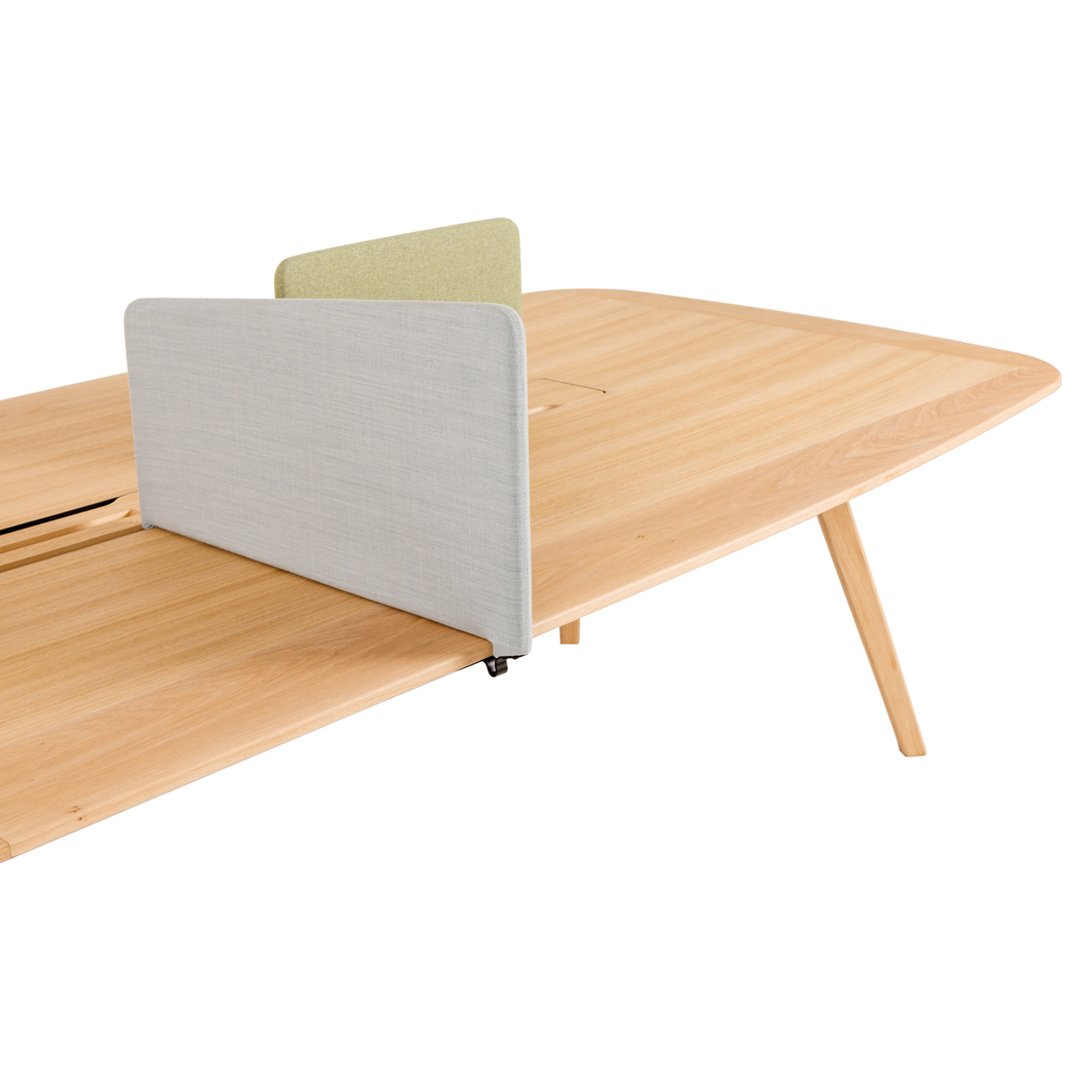 Natural wood finish with light gray and soft green fabric screens; modern design with sleek, minimal patterns.
