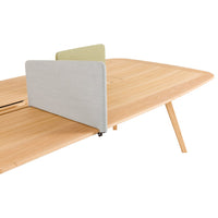 Natural wood finish with light gray and soft green fabric screens; modern design with sleek, minimal patterns.