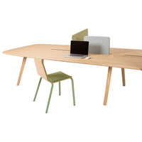 Light wood table with smooth finish, paired with a mint green chair and soft gray dividers for a modern look.