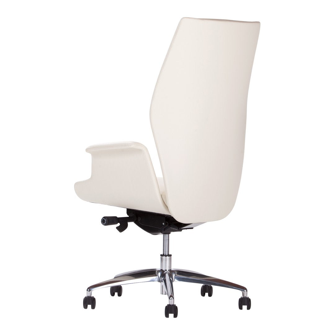 White ergonomic office chair with a sleek design and chrome base, perfect for contemporary workspaces.
