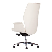 White ergonomic office chair with a sleek design and chrome base, perfect for contemporary workspaces.