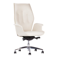 Cream-colored office chair with a sleek, smooth finish and stylish vertical stitching. Modern chrome base.