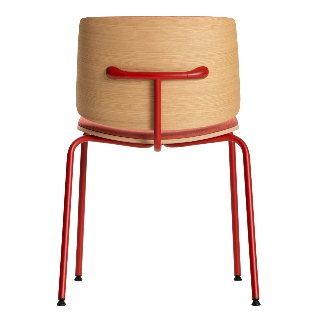 Modern wooden chair with a natural finish, accented by bold red legs and minimalist design.