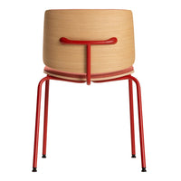 Modern wooden chair with a natural finish, accented by bold red legs and minimalist design.