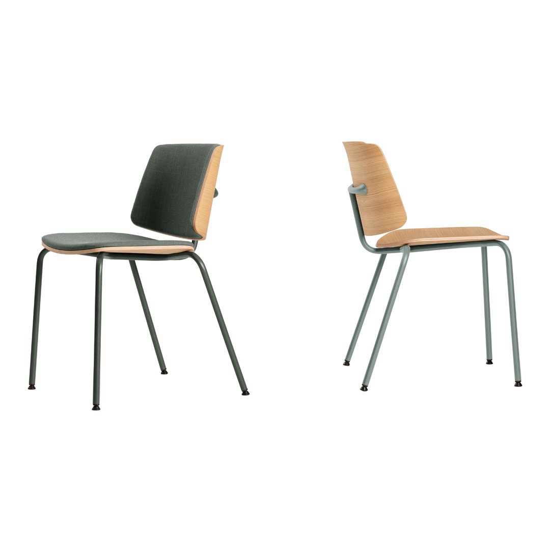 Modern chair with a green seat and light wood backrest, paired with sleek metal legs. Minimalist design.