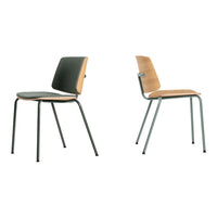 Modern chair with a green seat and light wood backrest, paired with sleek metal legs. Minimalist design.
