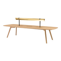 Light wood coffee table with a sleek golden bar accent and minimalist design, perfect for modern decor.