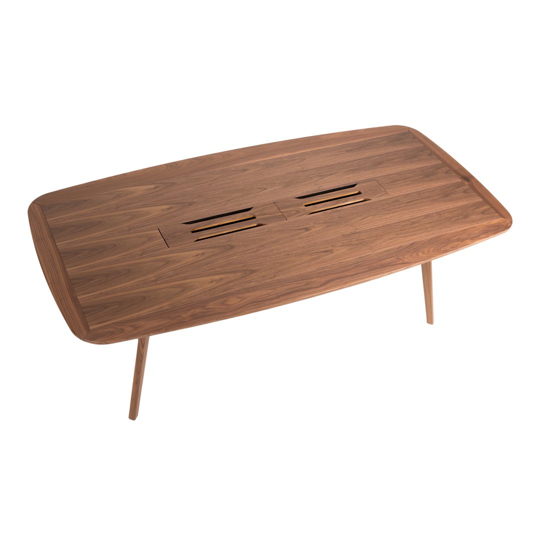 Rectangular walnut wood coffee table with smooth finish and slatted design for drainage. Elegant, warm tones.