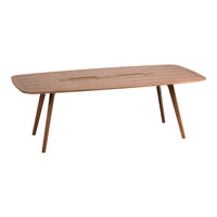 Natural wood coffee table with a smooth finish and horizontal slat pattern, designed for a minimalist look.